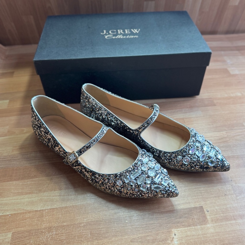 J.Crew Mary Jane flats embellished silver,bronze glitter & rhinestones size 8.5 - Picture 2 of 12